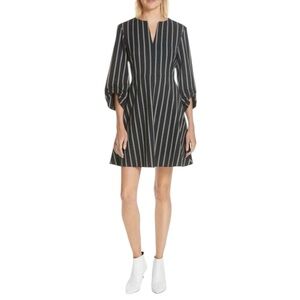 Tibi Ruched Sleeve Striped V-neck Mini Fit and Flare‎ Dress In Navy